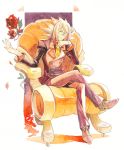 1boy dist_(tales) flower glasses inaho178 leaf male_focus necktie petals purple_hair red_eyes rose simple_background sitting solo tales_of_(series) tales_of_the_abyss teeth traditional_media white_background 
