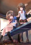  2girls bike_shorts brown_eyes brown_hair crying crying_with_eyes_open dress_shirt hair_ornament hairband hairclip hand_on_another&#039;s_shoulder highres lacrosse_stick moe2017 multiple_girls original photo_(object) school_uniform shirt shoes short_hair shorts_under_skirt sneakers tears thigh-highs untucked_shirt 