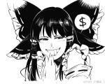  1girl bangs bow detached_sleeves dollar_sign fingers_to_mouth frilled_shirt_collar frills grin hair_bow hair_tubes hakurei_reimu looking_at_viewer monochrome ribbon-trimmed_headwear ribbon-trimmed_sleeves ribbon_trim ruukii_drift shiny shiny_hair short_hair simple_background sketch smile solo spoken_dollar_sign touhou upper_body watermark white_background 