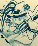  1girl bangs bow claws closed_mouth commentary_request efukei eyebrows_visible_through_hair flower hair_between_eyes hat hat_bow heart heart_of_string komeiji_koishi long_sleeves looking_at_viewer monochrome rose short_hair smile solo third_eye touhou traditional_media 