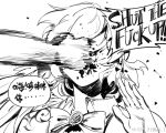  1girl blood blood_splatter bow bowtie collared_dress english in_the_face kishin_sagume monochrome motion_blur motion_lines profanity ruukii_drift simple_background single_wing sketch solo touhou translation_request upper_body watermark white_background wings 