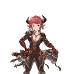  1girl belt bodysuit breasts brown_eyes cleavage doraf earrings gloves goggles granblue_fantasy hands_on_hips helmet horns jewelry looking_at_viewer minaba_hideo necklace official_art pointy_ears racing_suit red_gloves redhead solo strum_(granblue_fantasy) sword transparent_background weapon 