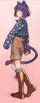  absurdres aconitea androgynous animal_ears boots brown_boots brown_eyes cat_ears cat_tail full_body gradient gradient_background highres original purple_hair shorts sleeves_past_wrists smile solo star star_print tail 