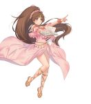  1girl bangs bare_shoulders book brown_eyes brown_hair circlet dress eyebrows_visible_through_hair feet fire_emblem fire_emblem:_mystery_of_the_emblem fire_emblem_heroes flower full_body hair_flower hair_ornament highres holding jewelry linda_(fire_emblem) long_hair looking_away official_art ponytail sandals smile solo toes transparent_background 