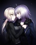  2girls ahoge belt black_dress black_jacket black_shirt blonde_hair blue_jacket blush breasts dark_persona dress eye_contact eyebrows_visible_through_hair fate/grand_order fate_(series) fur-trimmed_jacket fur_trim gradient gradient_background hair_ribbon hood hooded_jacket incipient_kiss jacket jeanne_alter jewelry looking_at_another meaomao medium_breasts multiple_girls necklace parted_lips ponytail ribbon ruler_(fate/apocrypha) saber saber_alter shirt short_hair yellow_eyes yuri 