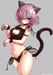  1girl absurdres animal_ears bell bell_choker black-framed_eyewear black_bra black_panties blush bra breasts cat_cutout cat_ear_panties cat_ears cat_lingerie cat_tail choker cleavage cleavage_cutout closed_mouth collarbone cowboy_shot fate/grand_order fate_(series) frilled_bra frills frown hair_over_one_eye highres jingle_bell kuronuko_neero large_breasts lavender_hair looking_at_viewer meme_attire panties paw_pose shielder_(fate/grand_order) side-tie_panties solo tail underwear underwear_only violet_eyes 