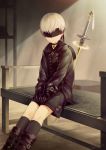  1boy black_gloves blindfold boots choker double-breasted gloves long_sleeves nier_(series) nier_automata noeyebrow_(mauve) shorts silver_hair sitting sword weapon yorha_no._9_type_s 