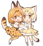  2girls :o ;d aino_osaru animal_ears ankle_boots bare_shoulders beige_boots beige_ribbon black_ribbon blonde_hair blush boots bow bowtie cat_ears cat_tail chibi clenched_hands commentary_request cross-laced_clothes elbow_gloves eye_contact eyebrows_visible_through_hair fang frilled_skirt frills full_body gloves hug kemono_friends kneehighs looking_at_another multicolored_hair multiple_girls one_eye_closed one_leg_raised open_mouth pocket ribbon sand_cat_(kemono_friends) serval_(kemono_friends) serval_ears serval_print serval_tail shirt shoe_ribbon short_hair simple_background skirt sleeveless sleeveless_shirt smile socks standing streaked_hair striped_tail tail thigh-highs two-tone_hair white_background white_boots white_footwear white_shirt zettai_ryouiki 