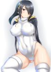  1girl black_hair black_jacket breasts brown_eyes covered_navel cowboy_shot emperor_penguin_(kemono_friends) erect_nipples hair_over_one_eye headphones hood hooded_jacket jacket kemono_friends large_breasts leotard looking_at_viewer medium_hair multicolored_hair nipples satorisu shiny shiny_clothes shiny_hair shiny_skin simple_background solo standing tail thigh-highs two-tone_hair white_background white_legwear white_leotard 