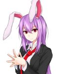  1girl animal_ears blazer breasts closed_mouth fingers_together hair_between_eyes highres jacket large_breasts long_hair long_sleeves looking_at_viewer necktie open_blazer open_clothes open_jacket piro_(iiiiiiiiii) purple_hair rabbit_ears red_eyes red_necktie reisen_udongein_inaba shirt sidelocks smile solo touhou upper_body white_background white_shirt 