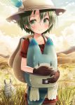  2girls akashio_(loli_ace) animal_ears backpack bag belt black_gloves black_hair blue_eyes blue_sky blush clouds cloudy_sky collarbone cowboy_shot eyebrows_visible_through_hair eyelashes from_behind gloves grass ground hair_between_eyes hat hat_feather hiding highres holding kaban kemono_friends lips long_hair looking_at_viewer lucky_beast_(kemono_friends) mountain multicolored_hair multiple_girls orange_sky outdoors pantyhose red_shirt safari_hat sandstar savannah shirt short_hair short_sleeves shorts sky smile streaked_hair striped sunset tsurime white_hair zebra_(kemono_friends) zebra_ears |_| 