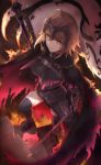  1girl armor armored_dress black_cape black_gloves black_legwear blonde_hair cape chains damaged fate/grand_order fate_(series) fire flag from_above fur-trimmed_cape fur_trim gauntlets gloves headpiece highres holding holding_sword holding_weapon jeanne_alter kachiino knee_up light looking_at_viewer looking_up ruler_(fate/apocrypha) sheath smile solo standard_bearer sword thigh-highs torn_cape weapon yellow_eyes 