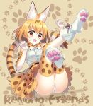  1girl :d an2a animal_ears bare_shoulders blonde_hair blush boots bow bowtie brown_eyes cat_ears cat_tail elbow_gloves fang gloves kemono_friends looking_at_viewer open_mouth panties paw_print serval_(kemono_friends) serval_ears serval_print serval_tail short_hair skirt sleeveless smile solo tail thigh-highs underwear white_panties 