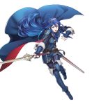  1girl blue_eyes blue_hair cape fingerless_gloves fire_emblem fire_emblem:_kakusei fire_emblem_heroes full_body gloves highres jewelry long_hair lucina maiponpon official_art sheath solo sword thigh-highs tiara transparent_background weapon wrist_cuffs 