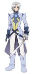  1boy blue_eyes boots full_body gloves grey_hair male_focus pierre_de_chaltier simple_background solo sword tales_of_(series) tales_of_destiny utakata_masara weapon white_background 