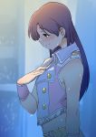  1girl absurdres blue_hair brown_eyes hand_on_own_chest highres idolmaster kisaragi_chihaya long_hair looking_down midriff momo_no_suidou-sui navel pink_diamond_765 sad_smile smile solo sparkle tears 