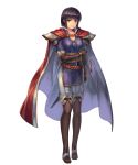  1girl belt brown_hair cape elbow_gloves fire_emblem fire_emblem:_thracia_776 fire_emblem_heroes full_body gloves highres official_art olwen_(fire_emblem) pant short_hair solo standing sword thigh-highs transparent_background violet_eyes weapon 