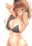  1girl armpits arms_behind_head arms_up bikini blue_eyes blush body_mahattaya_ginga breasts brown_hair cleavage kantai_collection large_breasts long_hair saratoga_(kantai_collection) side_ponytail smile solo swimsuit 