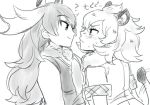  2girls animal_ears blush eye_contact kanimuraebio kemono_friends lion_(kemono_friends) lion_ears lion_tail long_hair looking_at_another monochrome moose_(kemono_friends) moose_ears multiple_girls scarf short_sleeves tail translation_request 