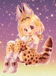  1girl absurdres animal_ears animal_print bare_shoulders blonde_hair boots brown_eyes cat_ears cat_tail elbow_gloves full_body gloves highres kemono_friends looking_at_viewer open_mouth serval_(kemono_friends) serval_ears serval_print serval_tail shimotsukishin shirt short_hair sitting skirt sleeveless sleeveless_shirt solo tail thigh-highs white_boots white_shirt zettai_ryouiki 