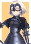  1girl armor armored_dress artist_name bangs blonde_hair breasts capelet chains closed_mouth eyebrows_visible_through_hair fate/grand_order fate_(series) gauntlets headpiece jeanne_alter looking_at_viewer medium_breasts nayuhi_(yukimuu14) orange_background ruler_(fate/apocrypha) short_hair signature simple_background solo upper_body white_border yellow_eyes 