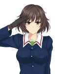  1girl akiyama_yukari bangs black_eyes black_gloves black_hair blue_jacket breast_pocket breasts buttons girls_und_panzer gloves jacket large_breasts long_sleeves looking_at_viewer military military_uniform piro_(iiiiiiiiii) pocket salute short_hair solo uniform upper_body 