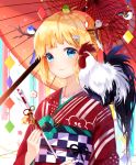  1girl animal animal_on_shoulder arrow bangs bird blonde_hair blue_eyes blush braid branch chick_on_head chicken closed_mouth ema eyebrows_visible_through_hair floral_print half_updo hamaya hand_up holding_arrow japanese_clothes kimono looking_at_viewer nail_polish obi oriental_umbrella original recotasan red_kimono red_nails rooster sash sidelocks smile solo umbrella upper_body year_of_the_rooster 