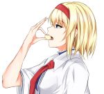  1girl alice_margatroid bangs bar_censor biting blonde_hair blue_eyes breasts capelet censored eating food from_side nail_polish neck_ribbon open_mouth pink_nails piro_(iiiiiiiiii) profile red_ribbon ribbon short_hair solo touhou upper_body 