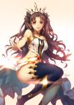  1girl anklet armlet artist_name asymmetrical_legwear asymmetrical_sleeves bangs bare_shoulders barefoot black_hair black_legwear bridal_gauntlets crown earrings elbow_gloves fate/grand_order fate_(series) floating floating_hair glint gloves gradient gradient_background hair_ribbon highres hoop_earrings ishtar_(fate/grand_order) jewelry long_hair looking_at_viewer magic metto neck_ring parted_bangs red_eyes ribbon single_elbow_glove single_thighhigh smile solo thigh-highs toeless_legwear tohsaka_rin toosaka_rin two_side_up 