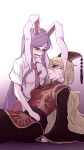  2girls animal_ears blonde_hair blush carrot_tie_clip chinese_clothes commentary_request cradling_head crying crying_with_eyes_open hat highres junko_(touhou) long_hair miata_(miata8674) multiple_girls necktie pale_skin purple_hair rabbit_ears red_eyes red_necktie reisen_udongein_inaba shirt short_sleeves tabard tears tie_clip touhou very_long_hair white_shirt wide_sleeves 