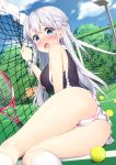  1girl ahoge ass ball bench blue_eyes blush breasts day embarrassed hair_ornament hairclip kneehighs long_hair looking_at_viewer lying medium_breasts moe2017 net open_mouth original outdoors panties racket shima_(shima_je) silver_hair skirt solo sportswear striped striped_panties tennis_ball tennis_court tennis_racket tennis_uniform underwear white_legwear white_panties white_skirt wrist_cuffs 