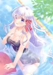  1girl :d bangs blue_eyes blush bow breasts cleavage collarbone commentary_request competition_swimsuit day hair_between_eyes hair_bow hand_on_own_chest highres large_breasts lens_flare long_hair looking_at_viewer mashiro_aa moe2017 one-piece_swimsuit open_mouth original outdoors partially_submerged pool round_teeth silver_hair smile solo sparkle swimsuit teeth very_long_hair water wet 