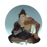  1boy beard black_hair cup facial_hair hanzo_(overwatch) highres japanese_clothes male_focus overwatch ponytail sakazuki sgyqanna sitting solo tattoo 