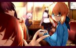  5girls ^_^ ahoge artist_name bendy_straw blonde_hair booth breasts brown_hair closed_eyes drinking_straw fate_(series) fujimaru_ritsuka_(female) glasses green_eyes highres large_breasts letterboxed multiple_girls paperfinger picture_(object) purple_hair red_eyes ribbed_sweater ruler_(fate/apocrypha) saber scathach_(fate/grand_order) shielder_(fate/grand_order) sweater type-moon v violet_eyes 