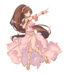  1girl bangs bare_shoulders book brown_eyes brown_hair circlet dress eyebrows_visible_through_hair feet fire_emblem fire_emblem:_mystery_of_the_emblem fire_emblem_heroes flower full_body hair_flower hair_ornament highres holding jewelry linda_(fire_emblem) long_hair looking_away official_art ponytail sandals scratches solo tears toes torn_clothes transparent_background very_long_hair 