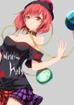  1girl bare_shoulders black_shirt breasts chains cleavage clothes_writing collar cowboy_shot earth_(ornament) grey_background hecatia_lapislazuli looking_at_viewer medium_breasts miniskirt multicolored multicolored_clothes multicolored_skirt off-shoulder_shirt polos_crown red_eyes redhead sakurame shirt simple_background skirt solo t-shirt touhou 