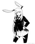  1girl animal_ears bangs blazer breasts collared_shirt cowboy_shot hand_on_hip hand_on_own_thigh highres jacket jpeg_artifacts long_hair long_sleeves looking_at_viewer medium_breasts monochrome necktie pleated_skirt rabbit_ears reisen_udongein_inaba ruukii_drift shirt sidelocks simple_background skirt smile solo thigh-highs touhou very_long_hair watermark white_background zettai_ryouiki 
