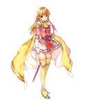  1girl belt blonde_hair brown_eyes cape closed_mouth earrings elbow_gloves female fire_emblem fire_emblem:_seisen_no_keifu fire_emblem_heroes full_body gloves hand_on_own_chest highres holding jewelry lachesis_(fire_emblem) long_hair miniskirt official_art pleated_skirt shoulder_pads simple_background skirt smile solo standing sword thigh-highs transparent_background weapon white_gloves zettai_ryouiki 