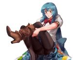  1girl bangs black_legwear blue_hair blue_skirt blush boots bow brown_boots hair_between_eyes high_heel_boots high_heels hinanawi_tenshi leaning_back leg_up long_hair no_hat no_headwear pantyhose parted_lips puffy_short_sleeves puffy_sleeves red_eyes ruukii_drift shirt short_sleeves simple_background skirt solo thighband_pantyhose thighs touhou very_long_hair white_background white_shirt 