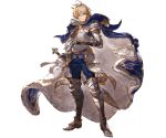  1boy alpha_transparency blue_cape blue_pants cape full_body granblue_fantasy holding holding_sword holding_weapon looking_at_viewer male_focus minaba_hideo official_art pants romeo_(granblue_fantasy) solo sword transparent_background weapon 