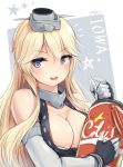  1girl blonde_hair blue_eyes breasts bucket character_name cleavage coca-cola fingerless_gloves front-tie_top gloves headgear iowa_(kantai_collection) kantai_collection large_breasts looking_at_viewer natsunoyuu open_mouth solo star star-shaped_pupils straw symbol-shaped_pupils upper_body 