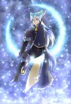  1boy blue_eyes blue_hair boots capelet gloves highres long_hair moon nahato_(tales) quatam sitting solo sparkle staff tail tales_of_(series) tales_of_the_world_reve_unita teeth 