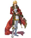  1boy artist_request belt blonde_hair boots brown_eyes coat collar cravat eltoshan_(fire_emblem) fire_emblem fire_emblem:_seisen_no_keifu fire_emblem_heroes full_body highres knee_boots male_focus mystletainn official_art pants red_coat serious sheath sheathed short_hair short_hair_with_long_locks solo sword transparent_background weapon white_pants 