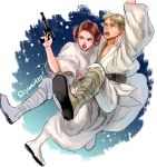  1boy 1girl boots dress energy_gun holding hug luke_skywalker princess_leia_organa_solo ray_gun science_fiction simple_background star_wars swinging weapon 