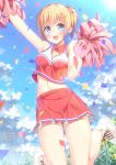  1girl :d arm_up bangs bare_arms blonde_hair blue_eyes blue_sky blush boots breasts chain-link_fence cheerleader cleavage clouds confetti crop_top day fence hair_ornament hairclip holding impossible_clothes jumping kaname_024 legs_up looking_at_viewer medium_breasts midriff moe2017 navel open_mouth original outdoors pleated_skirt pom_poms round_teeth short_hair short_ponytail side_ponytail skirt sky sleeveless smile solo sweat teeth wing_collar 