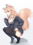  1girl animal_ears bangs black_legwear blonde_hair breasts cleavage dress eyebrows_visible_through_hair fang fox_ears fox_girl fox_tail from_side full_body fur_trim highres knees_together_feet_apart long_hair looking_at_viewer parted_lips piuta profile simple_background sleeves_past_wrists small_breasts smile solo squatting sweater sweater_dress swept_bangs tail thigh-highs thighs violet_eyes white_background zettai_ryouiki 