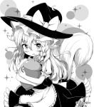  1girl :o acorn animal_ears apron blush commentary coreytaiyo crescent crescent_hair_ornament dress greyscale hair_ornament hat highres kemonomimi_mode kirisame_marisa long_hair looking_at_viewer monochrome object_hug puffy_short_sleeves puffy_sleeves short_sleeves solo sparkle squirrel_ears squirrel_tail tail touhou turtleneck twitter_username waist_apron witch_hat 