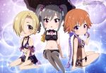  3girls :o absurdres agemono arm_support bare_shoulders between_legs bikini bikini_skirt black_bikini black_hairband black_ribbon blonde_hair blue_background blush body_blush bow bracelet braided_ponytail breasts brown_shirt chibi choker cinderella_girls_gekijou collarbone detached_collar drill_hair earrings eyebrows_visible_through_hair eyes_visible_through_hair frilled_bikini frilled_hairband frills gloves grey_gloves grey_legwear hair_bow hair_over_one_eye hairband hand_between_legs hand_on_own_arm hand_up highres holding jewelry kanzaki_ranko lavender_hair looking_at_viewer magazine_scan medium_breasts megami multicolored multicolored_background multicolored_hair multiple_girls navel neck_ribbon ninomiya_asuka official_art open_mouth orange_hair parasol parted_lips patterned_background pink_lips pink_ribbon plaid plaid_bikini print_bikini_top purple_background purple_bikini purple_bow purple_choker ribbon ribbon-trimmed_legwear ribbon_trim scan see-through shirasaka_koume shirt short_hair side-tie_bikini single_glove sitting skull_print smile sparkle_background swimsuit takatsu_tomoko thigh-highs twin_drills two-tone_hair umbrella violet_eyes wariza yellow_earrings yokozuwari 