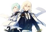  2boys blonde_hair blue_hair eyebrows frown gloves higekiri_(touken_ranbu) hizamaru_(touken_ranbu) looking_at_viewer male_focus multiple_boys red_eyes sheath short_hair smile sword touken_ranbu uniform weapon white_background xia_(ryugo) 