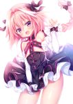  1boy black_dress blush braid cosplay detached_sleeves dress fang fate/apocrypha fate/extra fate/extra_ccc fate_(series) hair_ribbon lancer_(fate/extra_ccc) lancer_(fate/extra_ccc)_(cosplay) layered_dress long_hair looking_at_viewer mitsuba_choco open_mouth pink_hair ribbon rider_of_black single_braid solo tears trap violet_eyes white_background wrist_cuffs 